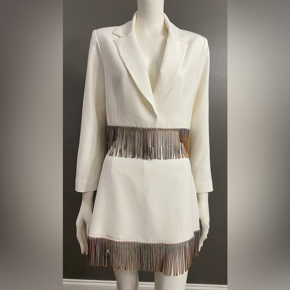 Gianni Bini White Blazer and Skirt Set with Silver Accents